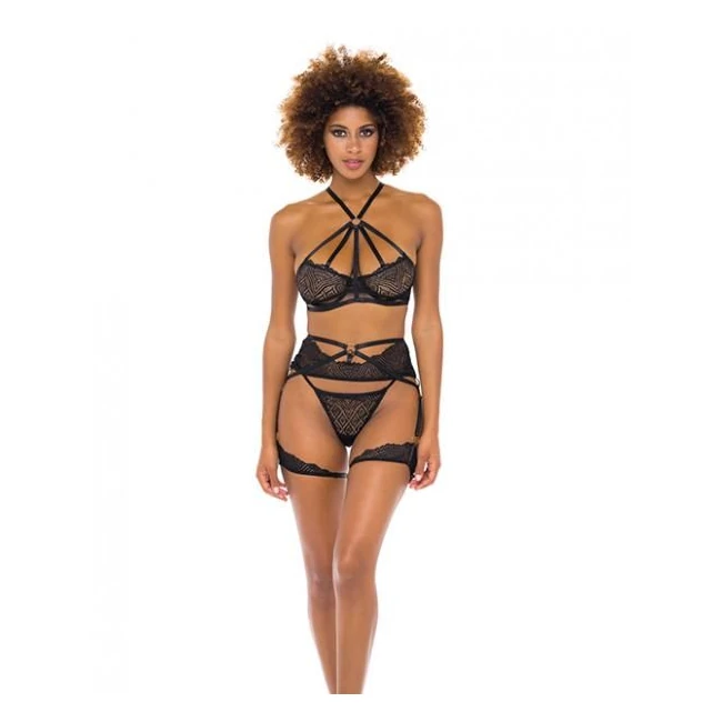 Ivonne Underwire Bra, Garterbelt & Panty Black - Fabric & Feel