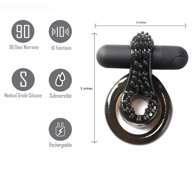 Jagger Rechargeable Vibrating Cock Ring Black Sleeve - Stretchy TPE Ring With a Silicone Coat
