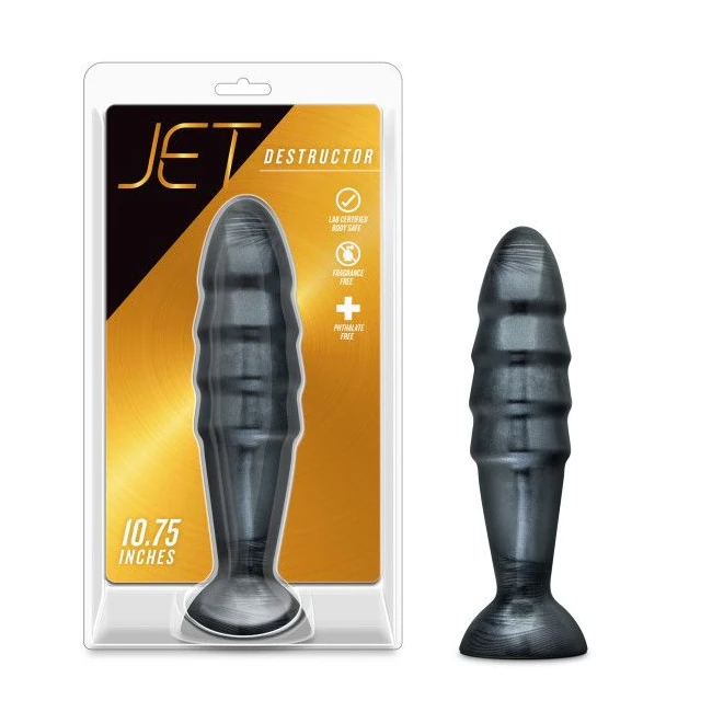 Jet Destructor Carbon Metallic Black Butt Plug - Ribbed Shape & Fit
