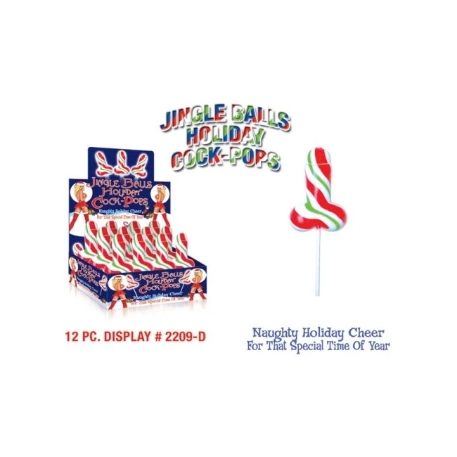 Jingle Balls Holiday Cock Pops 12pc Display - Swirled Candy Lollipops in a Naughty Shape