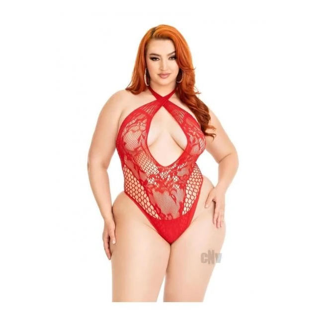 Lace Keyhole Crossover Teddy 1x/2x Blk - Fabric & Feel