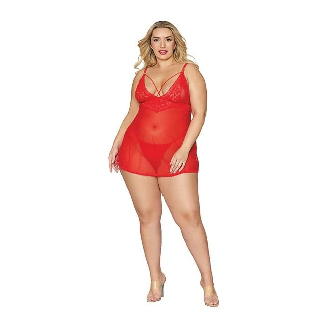 Lace & Mesh Babydoll & G- String Set Lipstick - Fabric & Feel