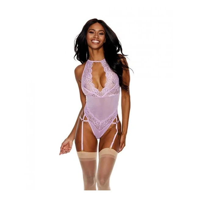 Lace & Mesh Gartered Teddy Lilac Md - Fabric & Feel