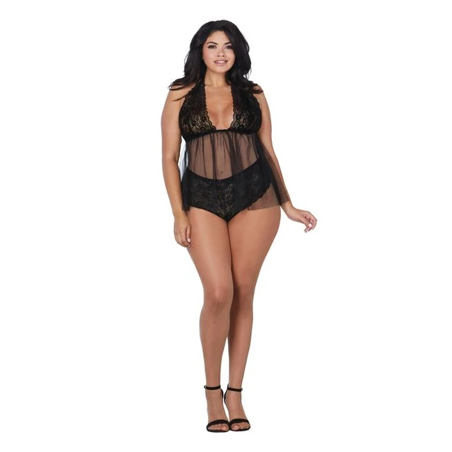 Lace & Mesh Halter Babydoll Black Queen - Specifications