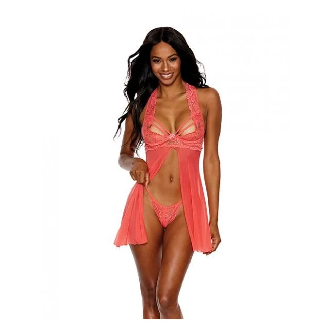 Lace & Mesh Halter Babydoll W/g-string Mango - Fabric & Feel