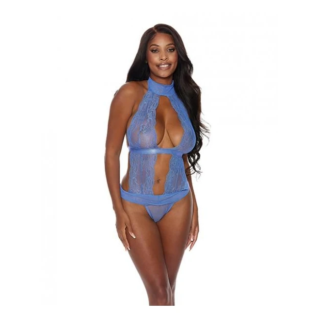 Lace & Mesh Halter Neck Teddy Periwinkle - Fabric & Feel