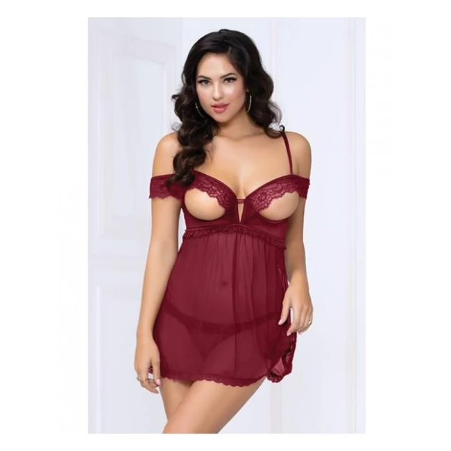 Lace & Mesh Open Cups Babydoll W/fly Away Back & Panty Wine - Fabric & Feel