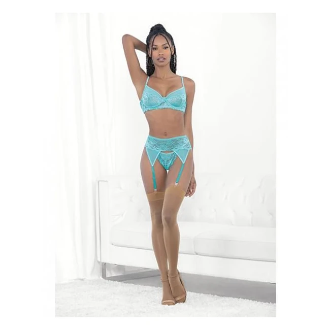 Lace & Mesh Underwire Bra, Garterbelt & G-string Malibu Blue - Fabric & Feel
