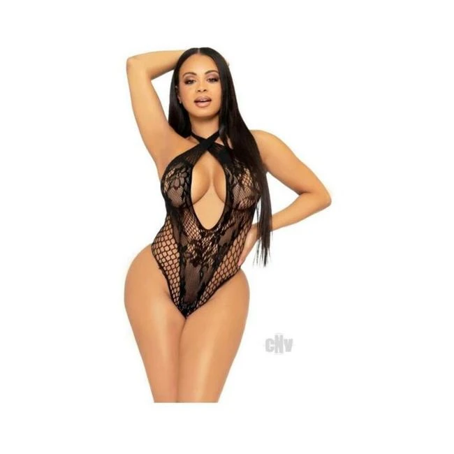 Lace Net Keyhole Halter Teddy Blk - Fabric & Feel