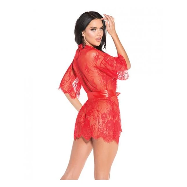 Lace Robe with Satin Tie & G-string Panty Red 2x - Fabric & Feel