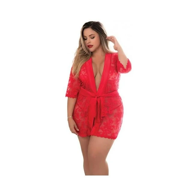 Lace Robe W/matching G-string Red 1x/2x - Fabric & Feel