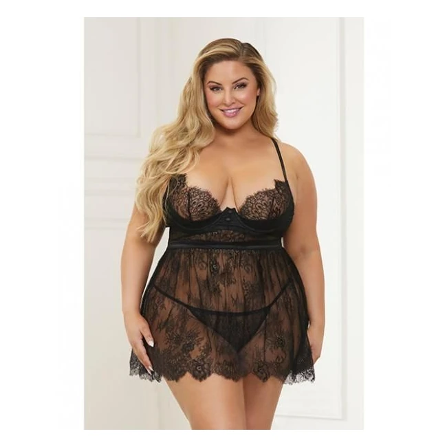 Lace & Satin Babydoll & Panty Black 1x/2x - Fabric & Feel