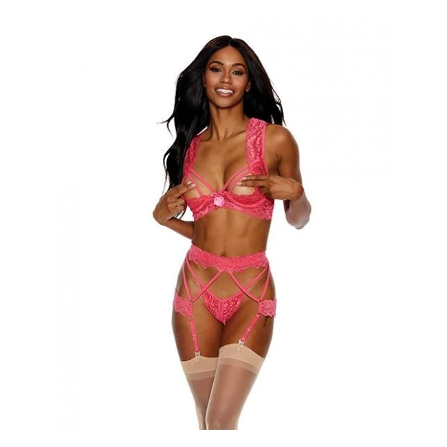 Lace Underwire Peek A Boo Bra, Garterbelt & G-string - Fabric & Feel