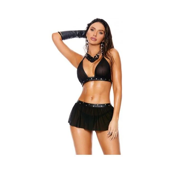 Leather & Mesh Halter Bra Top W/mini Skirt & G-string - Black - Fabric & Feel