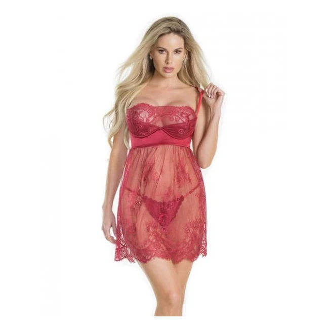 Lightly Padded Demi Cup Lace Babydoll & Crotchless Panty Red - Fabric & Feel