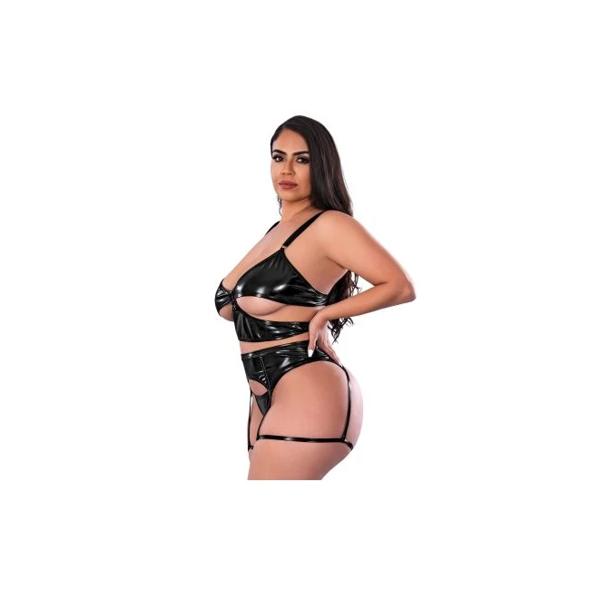 Liquid Onyx Cut Out Bra Panty & Stirrup Garter Black 2xl - Specifications