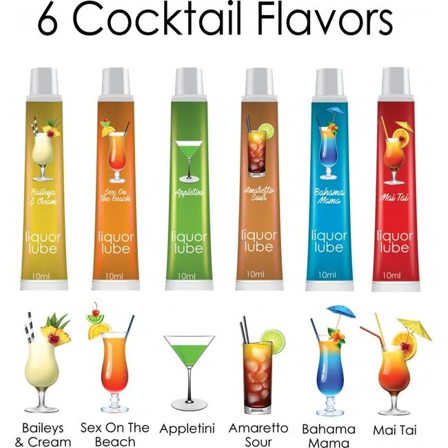 Liquor Lube 10ml Resealable Tubes 6 Asst Flavors 72pc Dsp - Cocktail-Flavored Water-Based Lube in Single-Serve Tubes