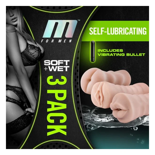 M for Men 3 Pk Vibrating Self Lubricating Stroker Sleeve Kit Vanilla - Grip, Control, and Vibrating Features