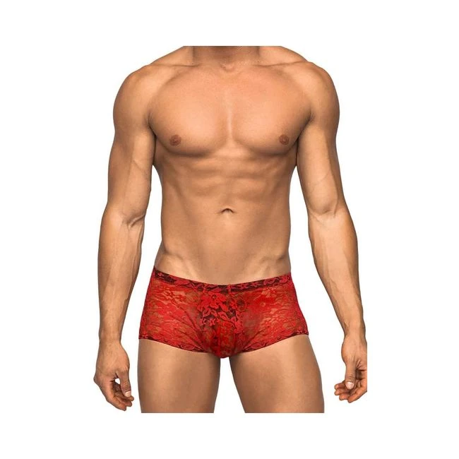 Male Power Stretch Lace Mini Short Red - Key Details