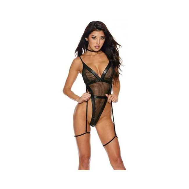 Mesh & Stretch Faux Leather Teddy W/garters - Fabric & Feel