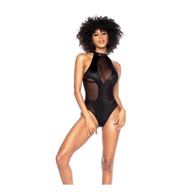 Mesh & Wet Look Halter Bodysuit - Fabric & Feel