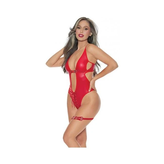 Midnight Shadow Buckle Teddy W/leg Garter Red - Fabric & Feel