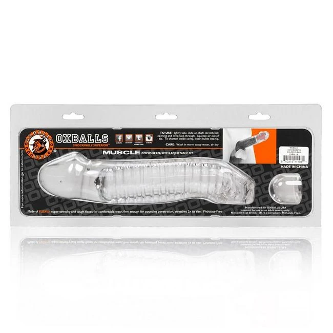Muscle Smooth Cocksheath w/ Length Inset Oxballs Clear - Internal Texture and Snug, Suction-Like Grip
