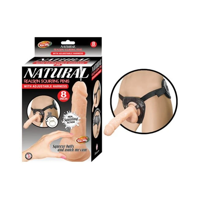Natural Realskin Squirting Penis 8 Inches Beige Harness - Shape & Texture