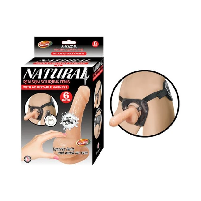 Natural Realskin Squirting Penis W/adjustable Harness 6in Flesh - Shape & Texture