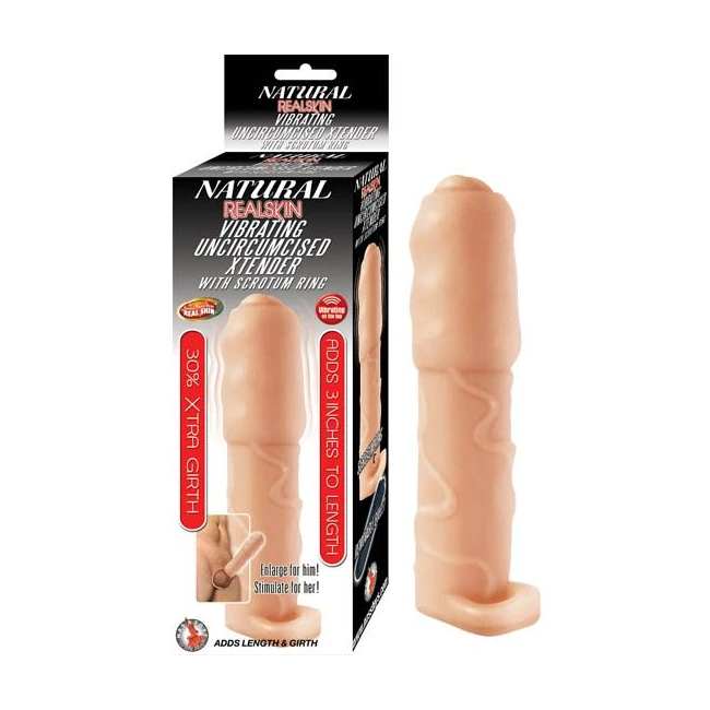 Natural Realskin Vibrating Xtender W/ Scrotum Ring Flesh - Vibration Modes
