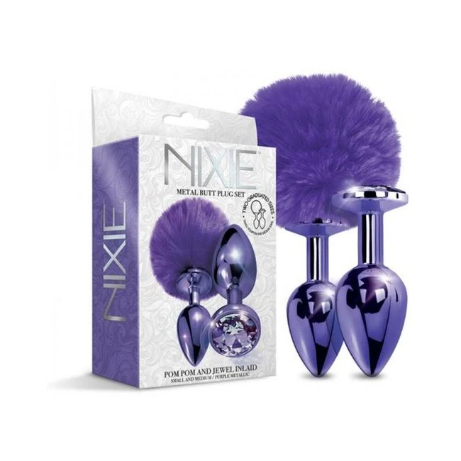 Nixie Metal Butt Plug Set Pom Pom and Jewel-inlaid Metallic - Shape & Comfort