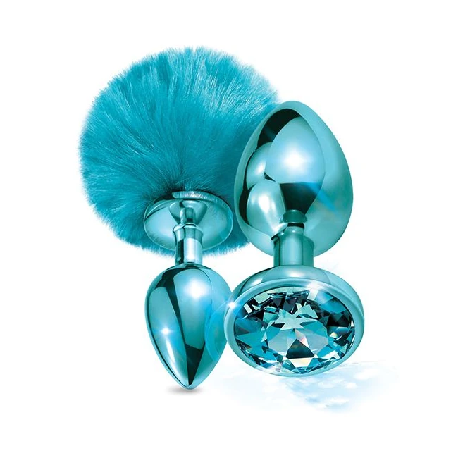 Nixie Metal Butt Plug Set Pom Pom & Jewel - Two Sizes, Each with a Pom Pom Tail