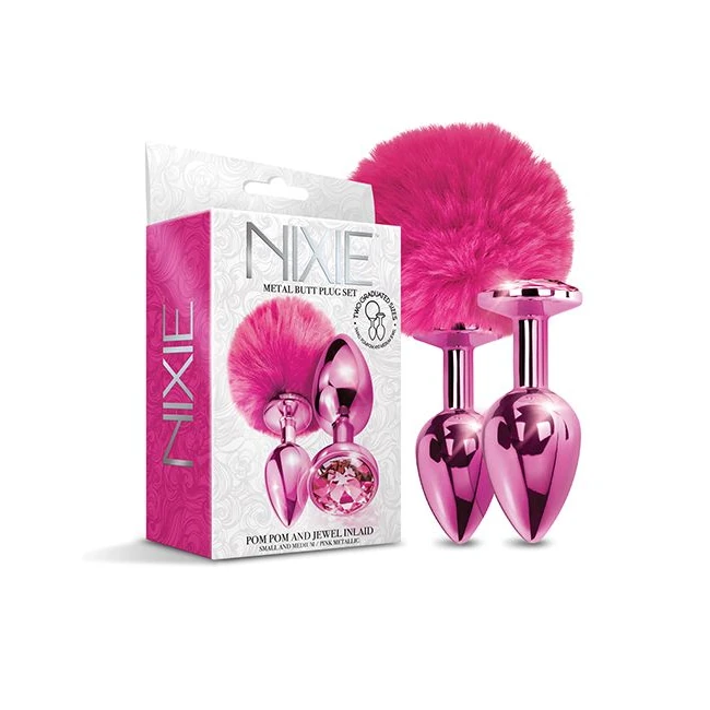 Nixie Metal Butt Plug Set Pom Pom & Jewel - Tapered Shape with a Flared Base