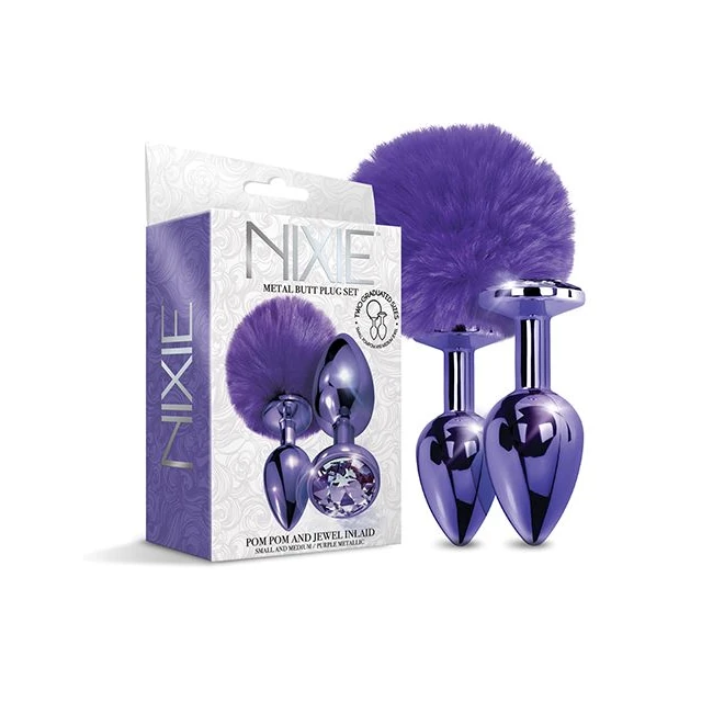 Nixie Metal Butt Plug Set Pom Pom & Jewel - by Global Novelties