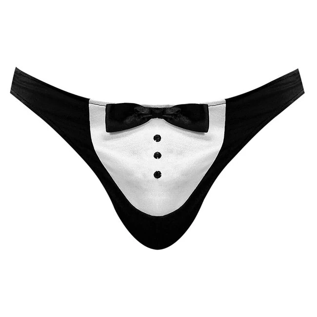 Novelty Maitre D Thong Black O/S - Waist Range and Stretch Blend