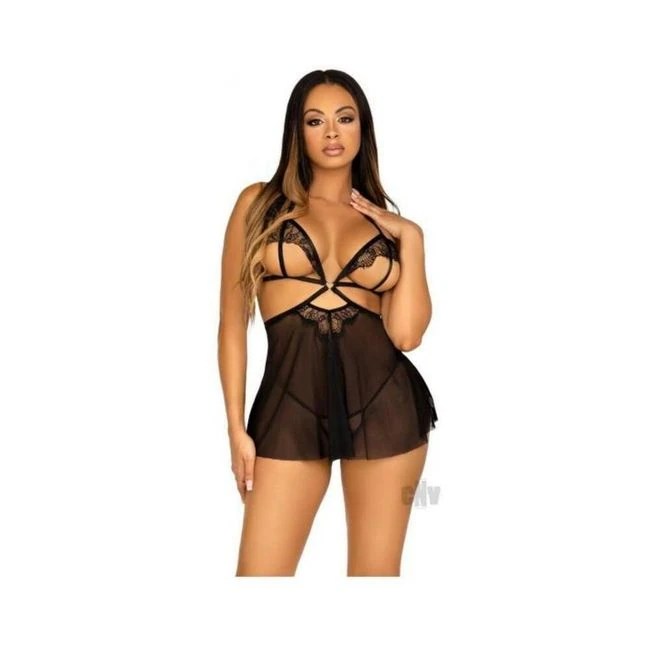 Open Cup Eyelash Babydoll Panty Lg Blk - Fabric & Feel