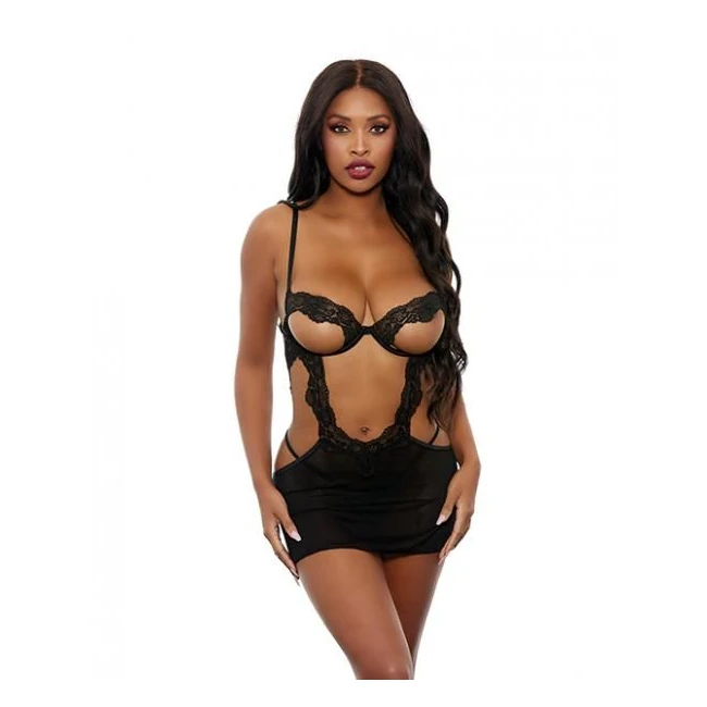 Open Cut Underwire Lace & Mesh Chemise W/g-string Black - Fabric & Feel