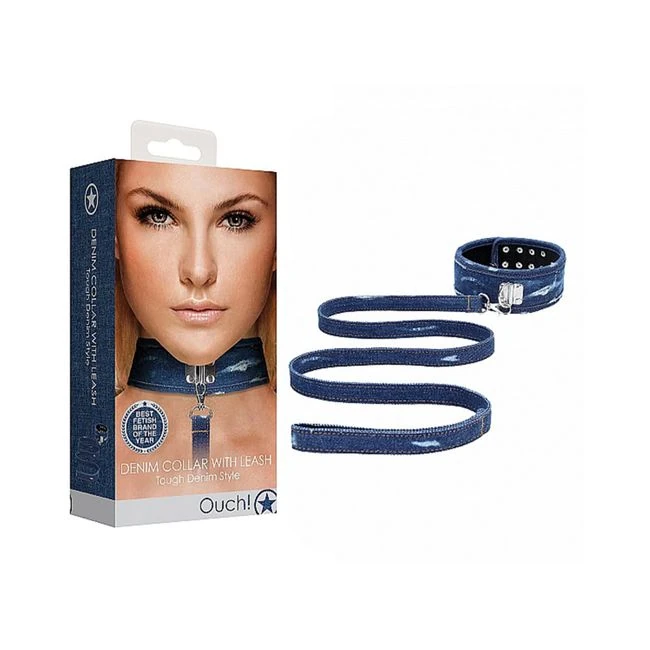 Ouch! Denim Collar - with Leash - Roughened Denim Style - Blue - Build & Quality