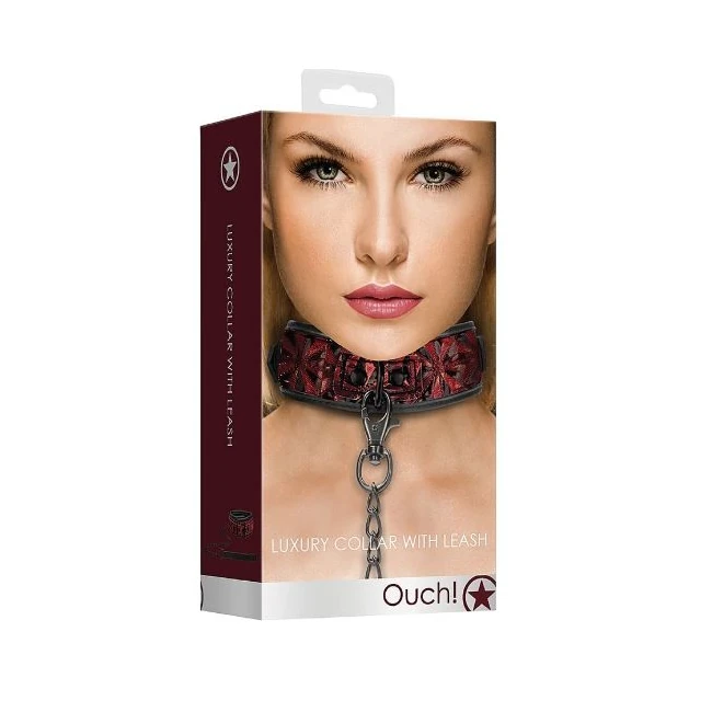 Ouch! Luxury Collar with Leash Burgundy - Hardware & Fasteners