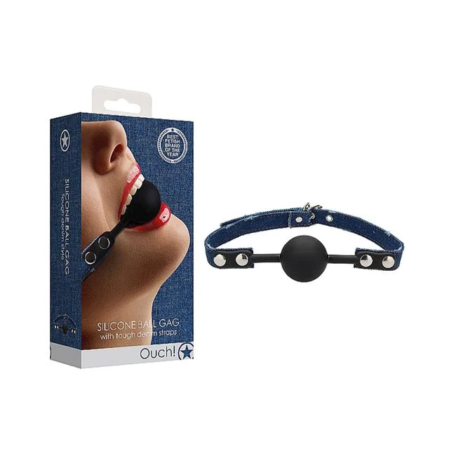 Ouch! Silicone Ball Gag - with Roughened Denim Straps - Blue - Build & Quality