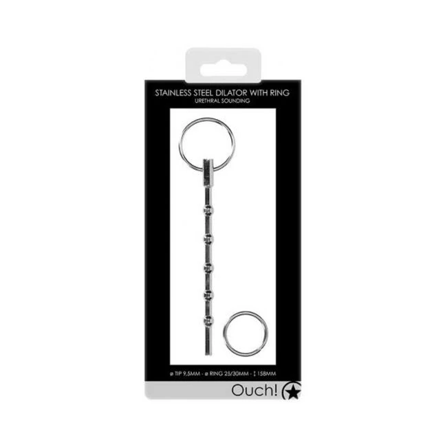 Ouch! Urethral Sounding - Metal Dilator with Ring - Beaded - 9.5 Mm - Overview