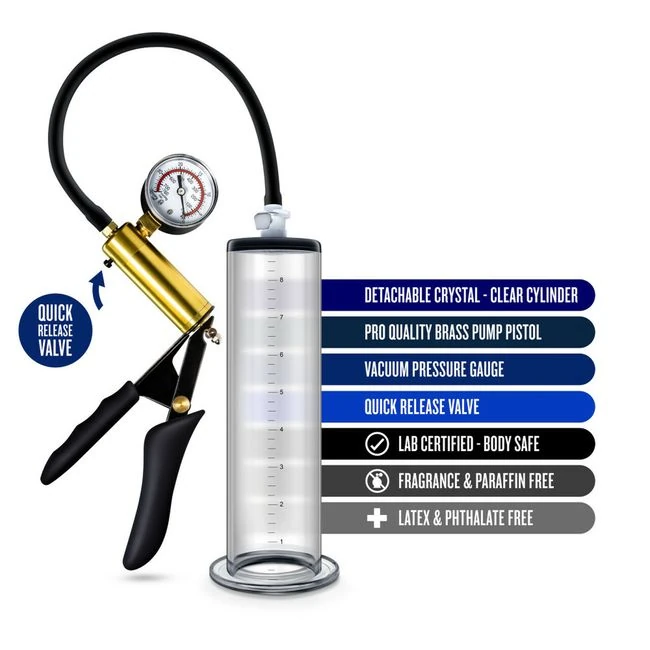 Performance Vx6 Vacuum Penis Pump W/ Brass Trigger & Pressure Gauge Clear - Fit & Sizing
