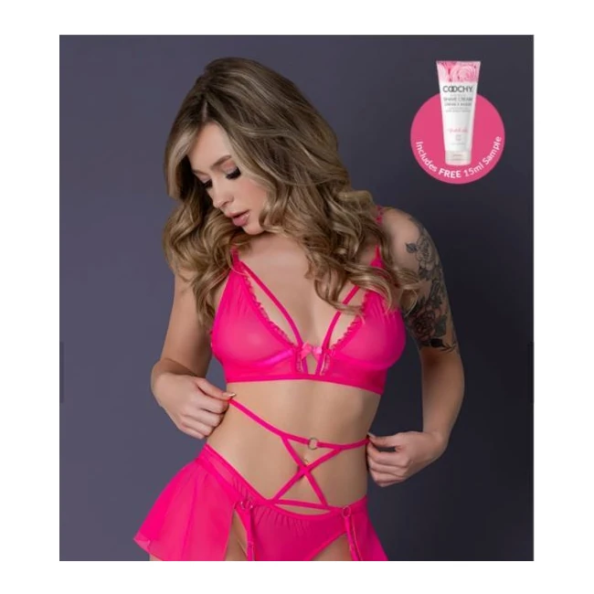 Pink Kink Bralette Panty Skirt Pink Glow - Neon Mesh That Stretches and Shows