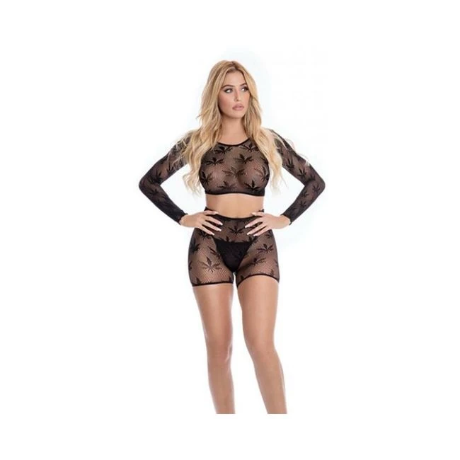 Pink Lipstick Leaf It To Me Long Sleeve Crop Top & Short Black Qn - Internal Texture