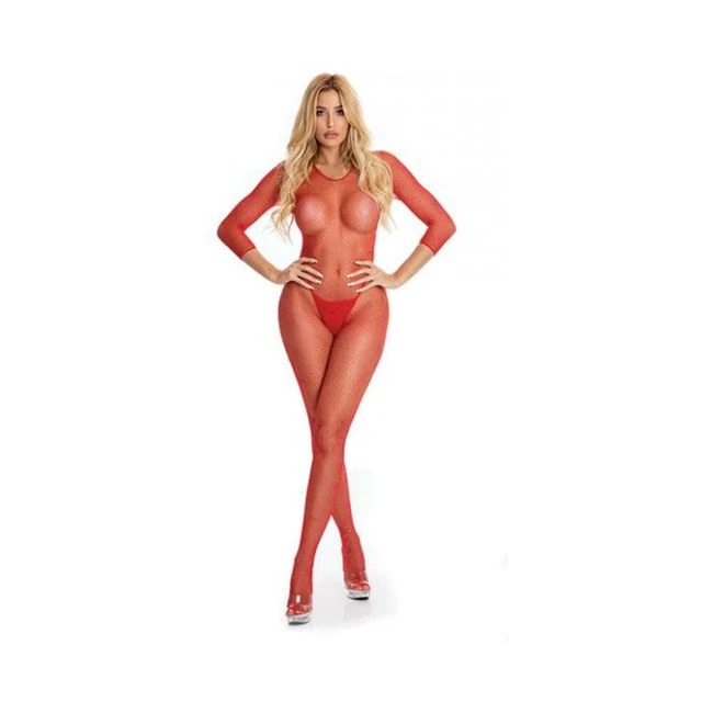 Pink Lipstick Risqué Crotchless Bodystocking Red - Fabric & Feel