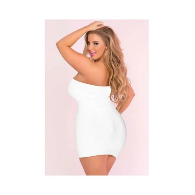 Pink Lipstick Seamless Rouched Side Tube Dress White 1x/2x - Overview