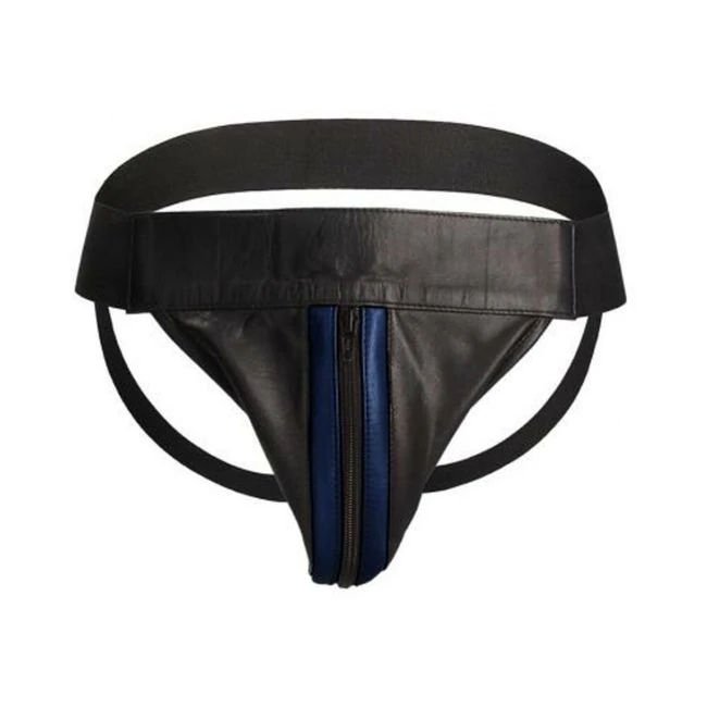 Premium Leather Zipper Front Jock Black/blue - Overview