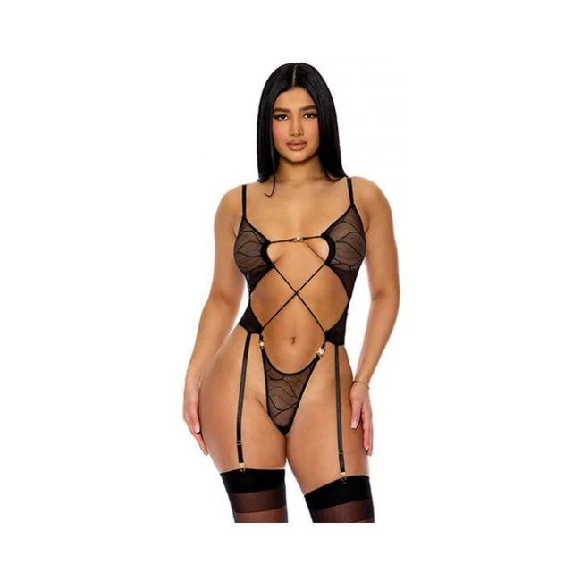 Pull My Strings Sheer Mesh Teddy W/garters & Faux Pearl Details - Black - Fabric & Feel