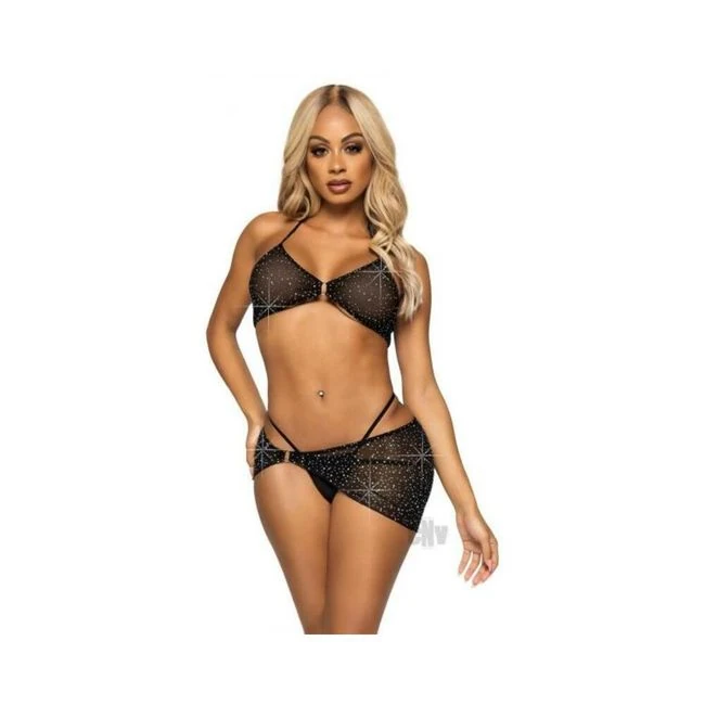 Rhinestone Bra Gstring Saronglg Blk - Fabric & Feel