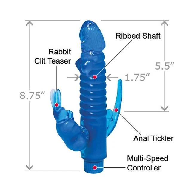 Ribbed Bunny Vibrator with Anal Tickler (blue) - Vibration Modes
